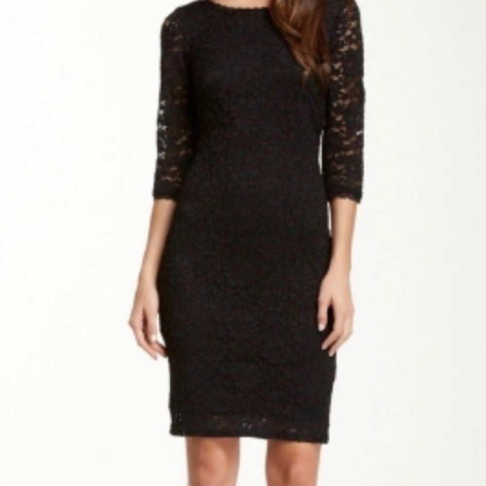 Laundry by Shelli Segal black lace elegant bodycon dress gold zip size 12